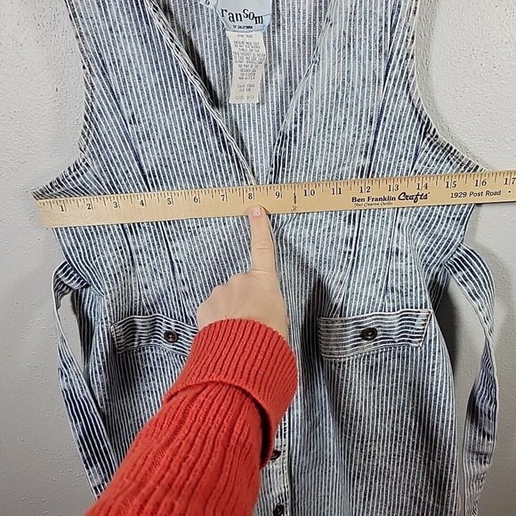 VTG 80s 90s ACID WASH Striped Denim OVERALLS JUMPER bleached mini dress SZ 9/10 - Picture 10 of 13